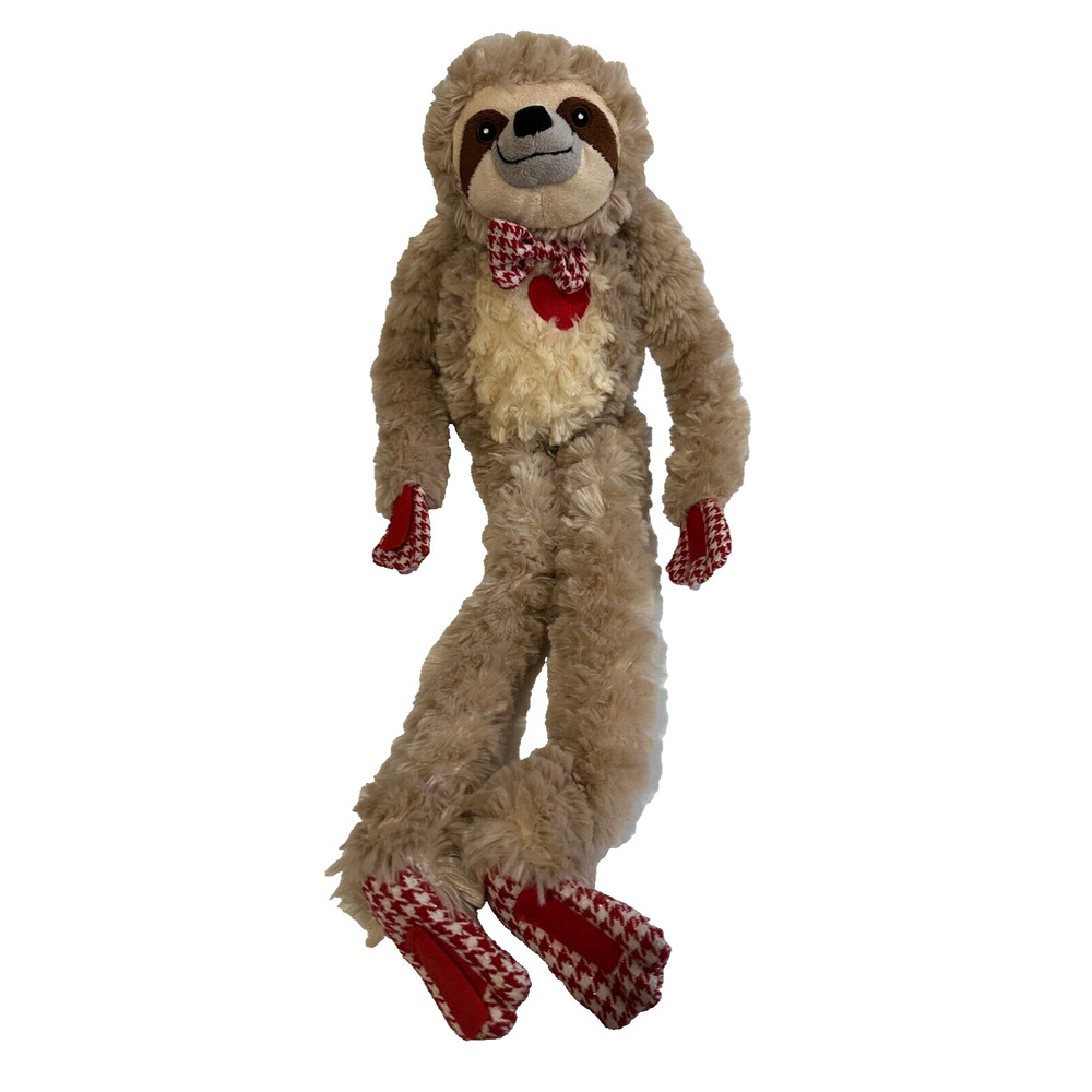 Pier One Imports Virgil Brown Sloth Long Heart Bow Stuffed Toy Plush Valentine